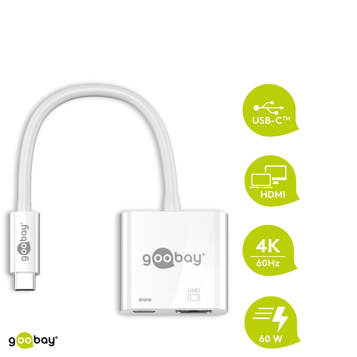 Goobay Adaptador USB-C™ HDMI 4k60Hz, PD, blanco - amplía un dispositivo USB-C™ con una conexión HDMI™.
