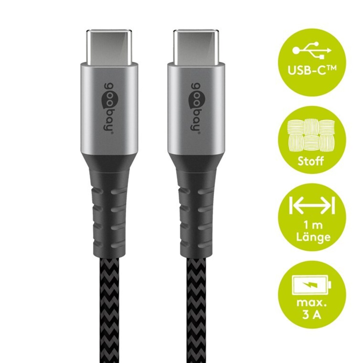 Goobay USB-C a USB-C con conectores metálicos, gris, 1m